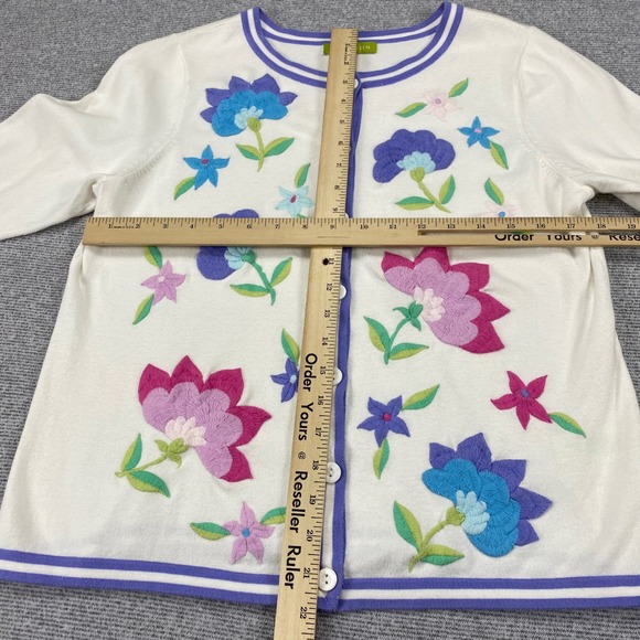 Sigrid Olsen Womens White Floral Embroidered Cardigan Sweater 3/4 Sleeve Size M - Picture 9 of 12